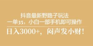 抖音最新野路子玩法，一单35，小白一部手机即可操作，日入3000+，闷声发小财！-山水资源站