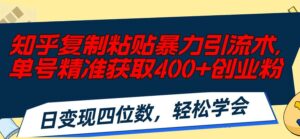 知乎复制粘贴暴力引流术，单号精准获取400+创业粉，日变现四位数-山水资源站