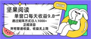 坚果阅读单窗口每天收益9.8通过矩阵方式日入1000+正规项目附有管道收益-山水资源站